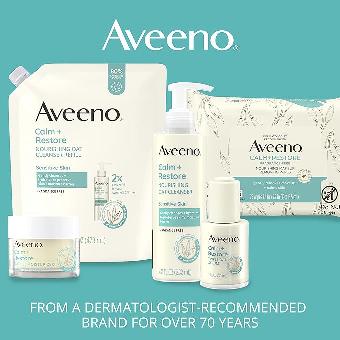 Aveeno Calm + Restore Nourishing Oat Facial Cleanser for Sensitive Skin, Gentle Face Wash with Nourishing Oat & Calming Feverfew, Hypoallergenic, Fragrance-Free, Refill Pouch, 16 fl. oz