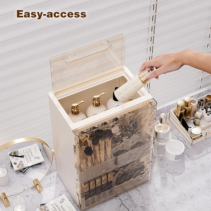 Makeup Organizer with Drawers,Skincare Organizer for Vanity,Large Cosmetic Display Case with Handle,Storage Organizers with Cover and Makeup Brush Holder for Dresser, Bathroom Countertop