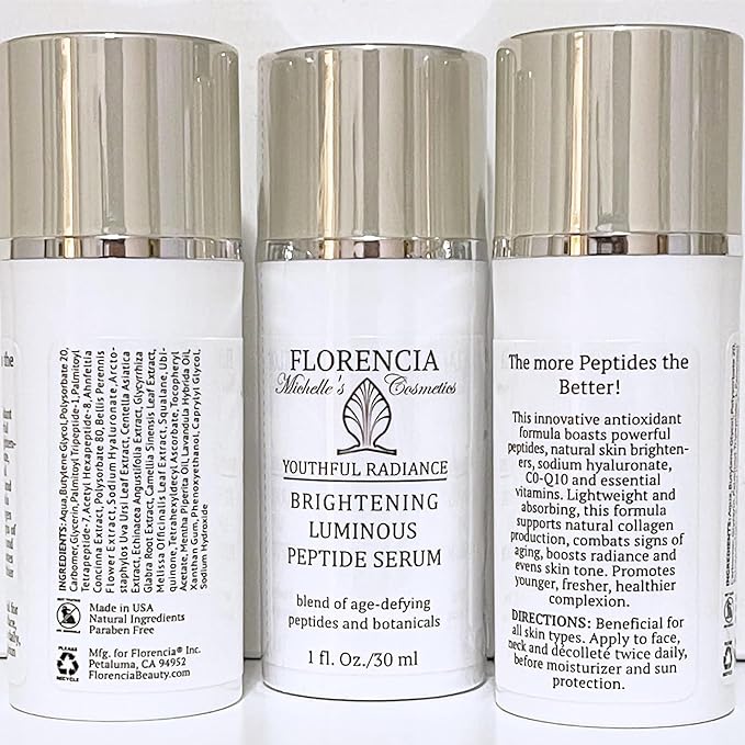 Florencia Brightening Luminous Peptide Serum - Age-Defying Face Serum with Peptides, Sodium Hyaluronate & Organic Botanicals – Helps to Reduce Wrinkles, Illuminate Complexion, 1 Oz