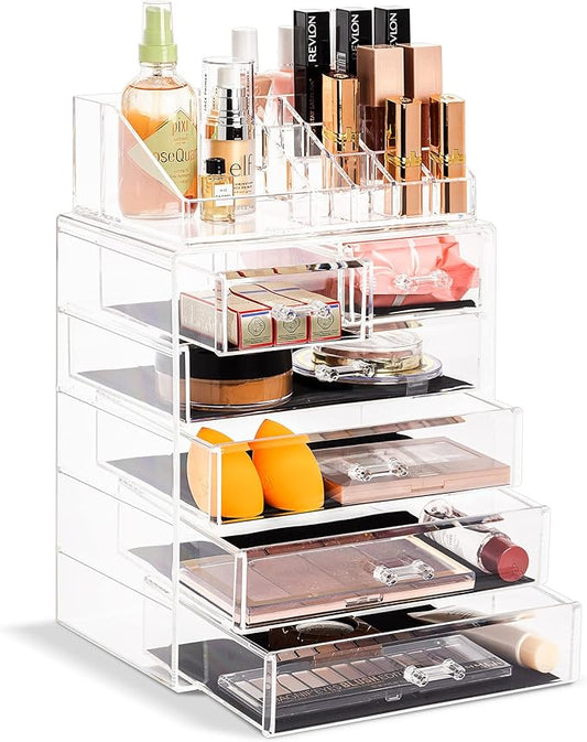 Sorbus Acrylic Makeup Organizer Set, 6-Drawer Vanity & Countertop Cosmetic Storage with Small & Wide Compartments, Clear Makeup Storage for Brushes, Lipsticks, Jewelry – Holiday Gift for Women & Teens