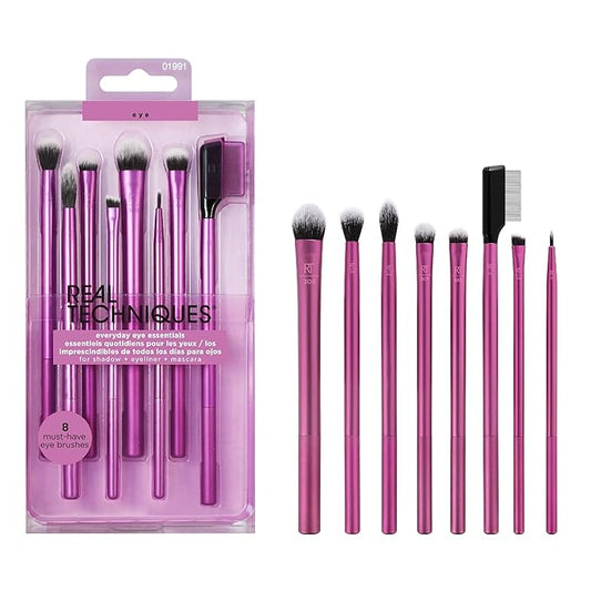 Real Techniques 8 Piece Everyday Eye Essentials Makeup Brush Set, Eye Brushes for Eye Liner, Eyeshadow, Brows, & Lashes, Travel Friendly, Gift Set, Synthetic Bristles, Cruelty-Free & Vegan