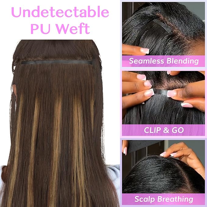 IDN BEAUTY Seamless Clip In Hair Extensions Human Hair 4/27/4 Balayage Chocolate Brown to Caramel Blonde Straight Seamless Clip Ins For Black Women PU Weft Invisible Edge 110g 20 Inch 7pcs