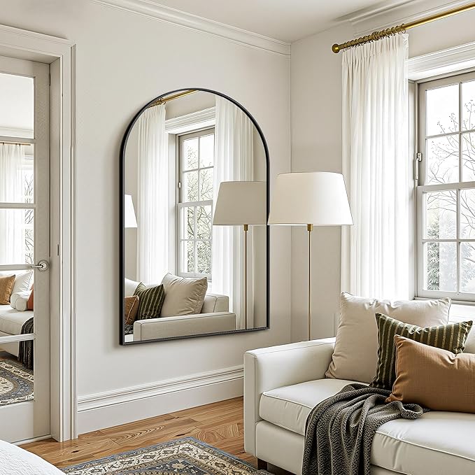 FICTOR Bathroom Vanity Mirror for Wall,55”x35” Large Arched Bathroom Mirror, Metal Framed with HD Shatter-Proof Glass for Entryway, Living Room,Bedroom, Wall Mounted or Leaned Against(Black)