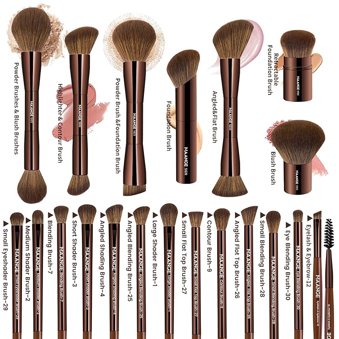 MAANGE 20 Pcs Makeup Brushes with Gift Box, Double-End Multi-functional Makeup Brushes for Blending Liquid Powder Concealer Cream Blush Buffe,Dark Brown
