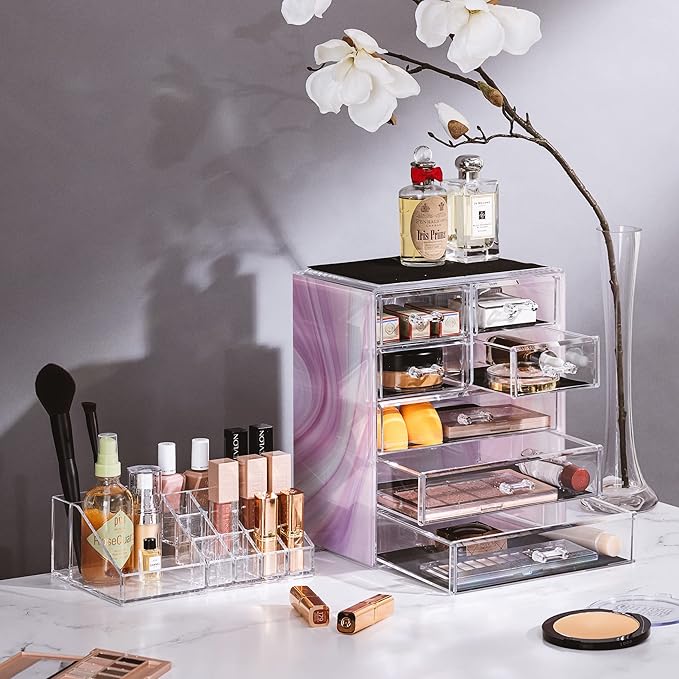 Sorbus Clear Cosmetic Makeup Organizer - Make Up & Jewelry Storage, Case & Display - Spacious Design - Great for Dresser, Bathroom, Vanity & Countertop (3 Large, 4 Small Drawers) [Tie Dye Print]