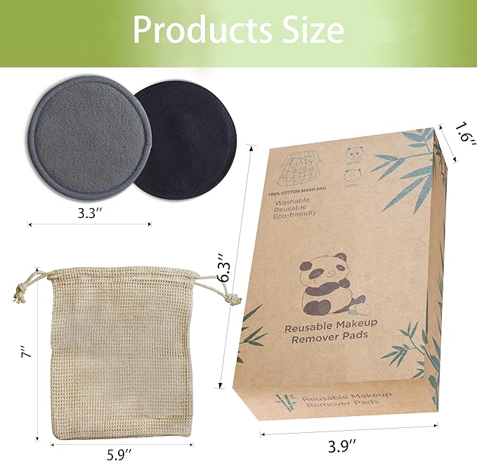 Reusable Makeup Removal Pads - 20 Pack with Laundry Bag - Soft Black Reusable Cotton Makeup Remover Pads for Face - Washable Bamboo Cotton Rounds