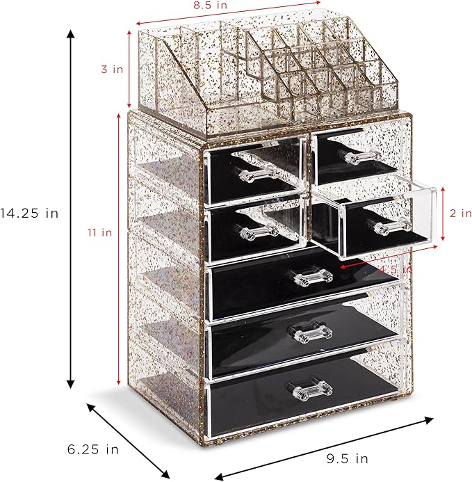 Sorbus Clear Cosmetic Makeup Organizer - Make Up & Jewelry Storage, Case & Display - Spacious Design - Great Holder for Dresser, Bathroom, Vanity & Countertop (3 Large, 4 Small Drawers) [Glitter]