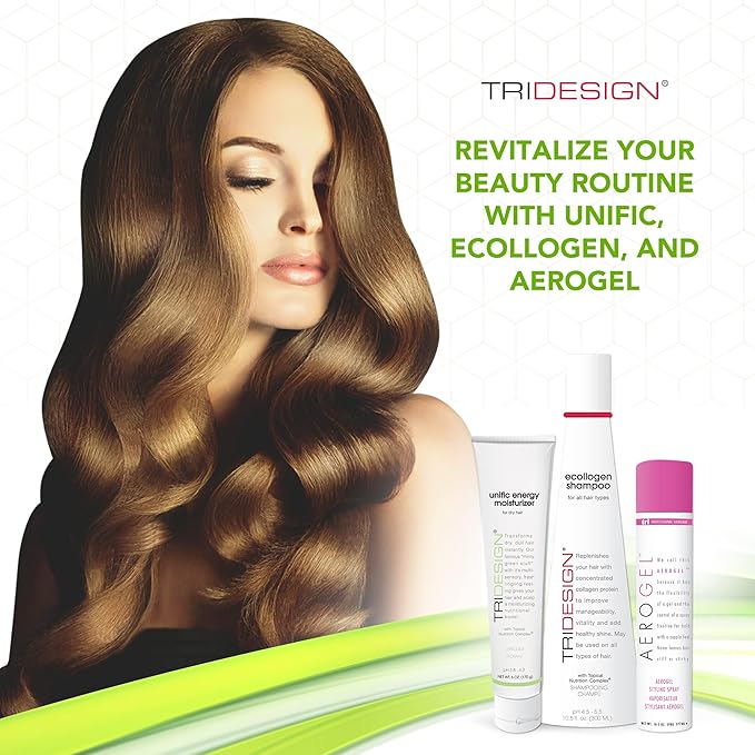 TRI Design Shampoo, Conditioner and Hair Finishing Spray Set - Includes Aerogel Spray Gel 10.5 oz., Ecollogen Collagen Shampoo 10.5 oz. and Unific Energy Moisturizer 6 oz., for All Hair Types