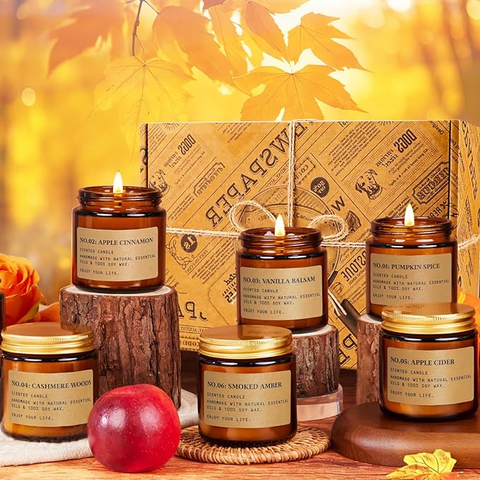 Fall Candles for Home Scented, 6 x 3.5 oz Soy Wax & 150 Hours Long Lasting Autumn Candles Sets, Gifts for Women Birthday Thanksgiving Day Merry Christmas | Pumpkin Spice, Apple Cinnamon