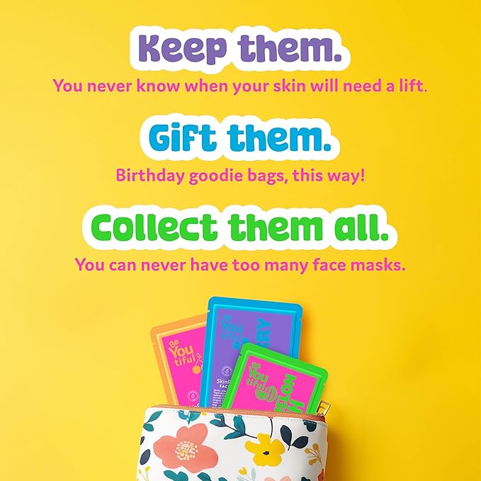 BeYoutiful 10 Face Mask Gift Set for Kids and Teens, 10 Individually Wrapped Hydrating Sheet Masks in a Gifts Box, for Sleepovers, Spa Nights, Soothing, Vegan Skincare Hyaluronic Acid & Vitamin C