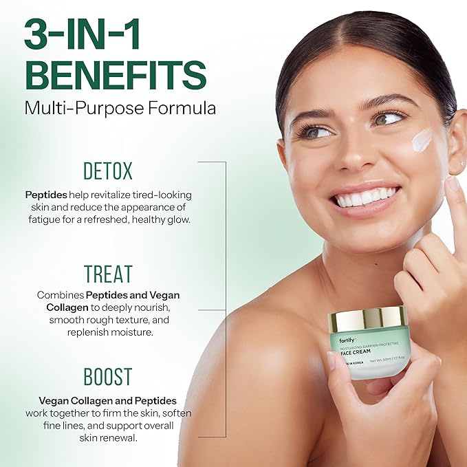 Face Cream with Peptides & Collagen – 3-in-1: Detox, Treat, Boost – Hydrating, Firming, Anti-Aging Moisturizer – Dermatologist Tested Korean Skin Care – Vegan, Clean Beauty – 1.7 Oz