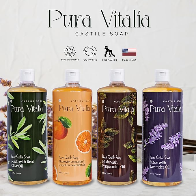 Unscented Organic Castile Soap | Body Wash & Cleanser for Face & Hands | Biodegradable, Eco-Friendly, Palm Oil Free, Vegan & Gentle | Made with 6 Natural Ingredients | 16 oz