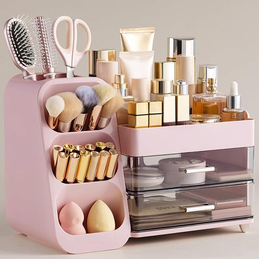 HBlife Makeup Organizer with Brush Holder for Vanity, Large Plastic Bathroom Countertop Organizer Skin Care Storage, Easy to Store Lipsticks, Nail Polishes, Perfumes, Eyeshadow Palettes, Pink