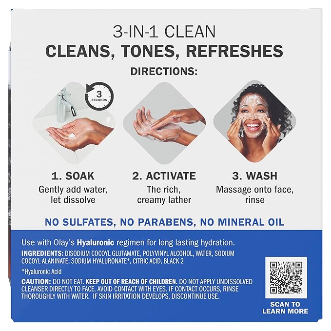Olay Face Wash, Hyaluronic Acid Cleansing Melts, Fragrance-Free, Daily Use Gentle Cleanser, For All Skin Types, Travel Size, Water-Activated to Clean, Tone, and Refresh, 64ct (2 Pack x 32ct)
