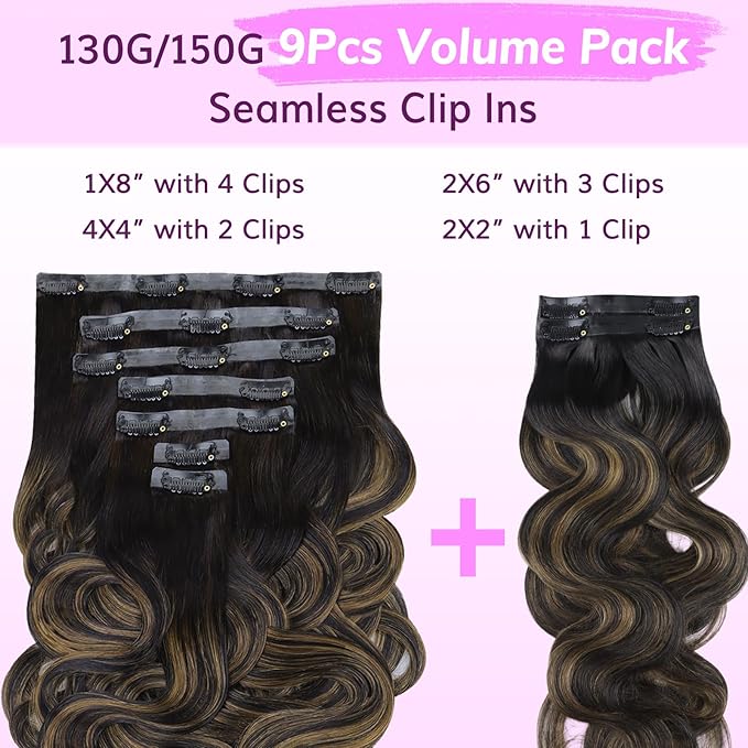 IDN BEAUTY Seamless Clip In Hair Extensions Human Hair Body Wave 130g 1B/6/1B Balayage Natural Black to Chestnut Brown Remy Hair Seamless Clip Ins For Black Women PU Invisible Edge 16 Inch 9pcs