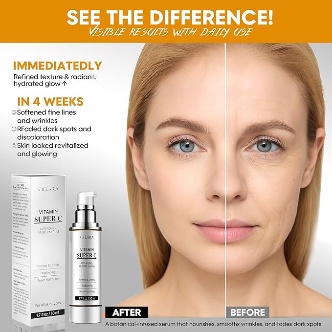 Vitamin C Serum for Face, Anti Aging 20% Super C Retinol Serum With Hyaluronic Acid, Vitamin E, Collagen Peptides, Wrinkle Serume for Dark Spot, tighten, firming, lift, Brightening-1.7 Fl Oz