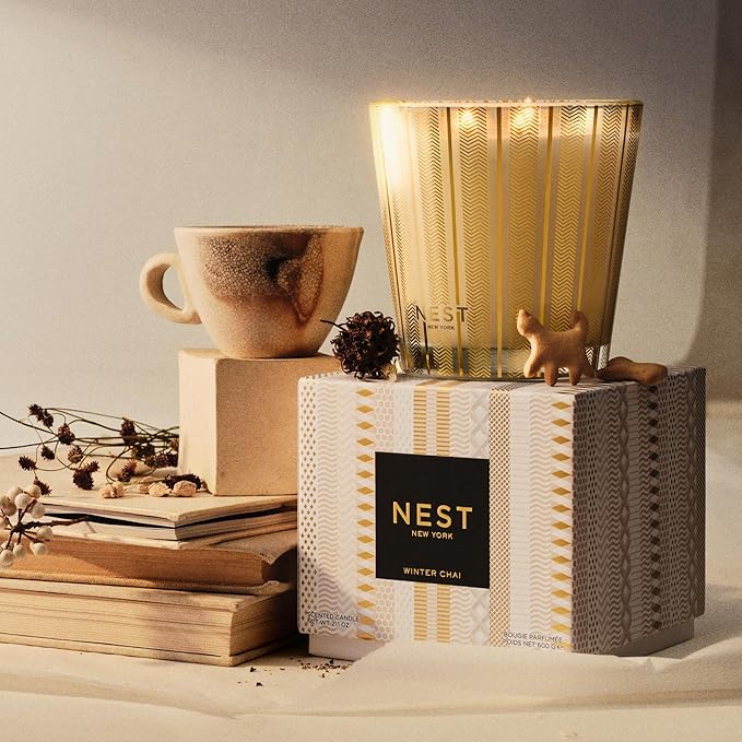 NEST New York Scented 3-Wick Candle, Winter Chai - 21.2 oz - Up to 100-Hour Burn Time - Reusable Glass Vessel
