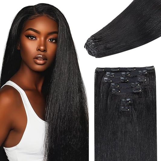 IDN BEAUTY Clip In Hair Extensions Real Human Hair, Yaki Straight 24 Inch 120g 7pcs Natural Black Human Hair Clip In Extensions Remy Virgin Human Hair Clip Ins for Black Women Thick Ends
