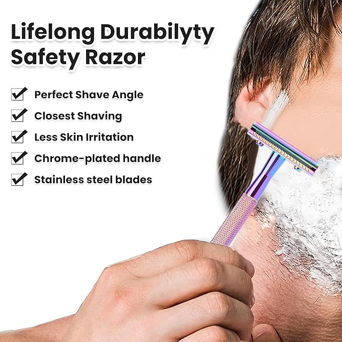 Safety Razor For Man With 10 Premium Stainless Steel Razor Blade Reusable Single Blade Razors For Men and Women, Double Edge Razor, Rainbow