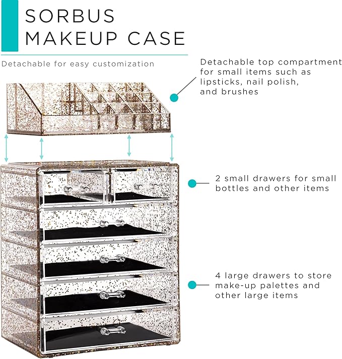 Sorbus Clear Cosmetic Makeup Organizer - Make Up & Jewelry Storage, Case & Display - Spacious Design - Great Holder for Dresser, Bathroom, Vanity & Countertop (4 Large, 2 Small Drawers) [Glitter]
