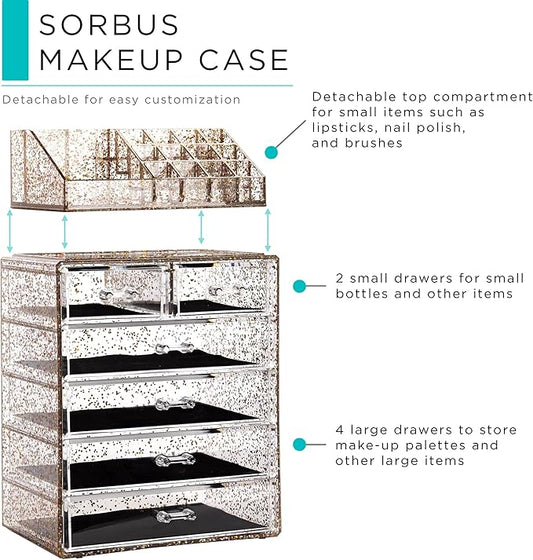 Sorbus Clear Cosmetic Makeup Organizer - Make Up & Jewelry Storage, Case & Display - Spacious Design - Great Holder for Dresser, Bathroom, Vanity & Countertop (4 Large, 2 Small Drawers) [Glitter]
