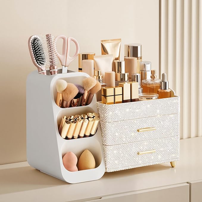 HBlife Makeup Organizer with Brush Holder for Vanity, Large Plastic Bathroom Countertop Organizer Skin Care Storage, Easy to Store Nail Polishes, Perfumes, Eyeshadow Palettes, Pearl All White