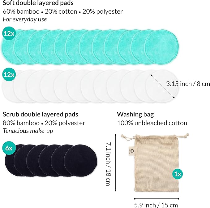 30-Pack Reusable Makeup Remover Pads | Eco Friendly & Zero Waste Cotton Rounds | Beauty Products | Natural & Organic Face Pads with Laundry Bag | Soft for All Skin Types | Bamboo Wipes for Cleansing