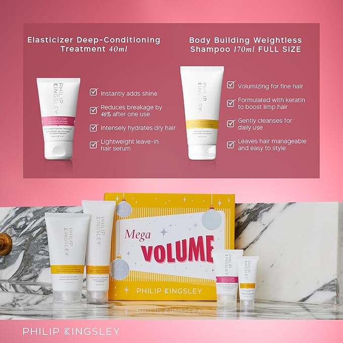 Philip Kingsley Retro Christmas Collection Mega Volume - Elasticizer Deep-Conditioning Hair Mask Treatment, Body Building Volumizing Shampoo and Conditioner Set, Maximizer Strand Plumping Cream