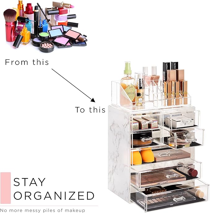 Sorbus Clear Cosmetic Makeup Organizer - Make Up & Jewelry Storage, Case & Display - Spacious Design - Great Holder for Dresser, Bathroom, Vanity & Countertop (3 Large, 4 Small Drawers) [Marble Print]