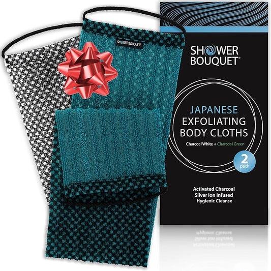 Japanese Exfoliating Washcloth for Back & Body - Charcoal & Silver Ion Exfoliating Towel - Two-Sided Gentle Exfoliation
