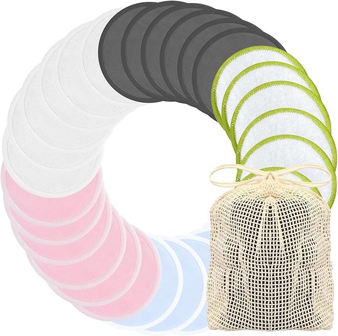 Chloven Reusable Cotton Rounds - 30 Pack Washable Bamboo Makeup Remover Pads for Gentle Cleansing Reusable Face Pads for Skincare & Nail Polish Removal with Mesh Storage Bag