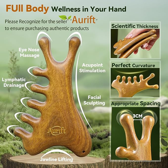4-in-1 Gua Sha Tool for Face & Body, Natural Green Sandalwood – Lymphatic Drainage, Jaw Lifting & Nose Sculpting, Head Massage Comb for Stress Relief, Home Office Self Care Gifts for Mom Girl Friend
