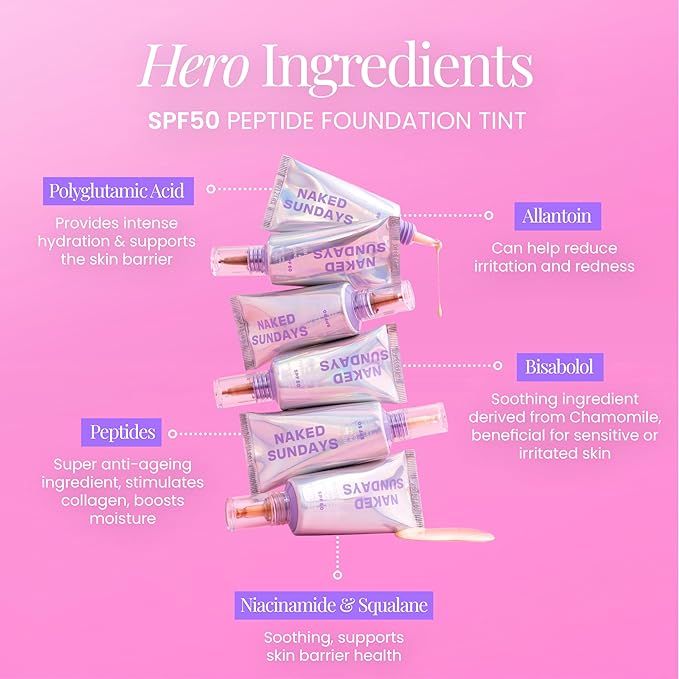 Naked Sundays BeautyScreen™ SPF 50 Mineral Peptide Foundation Tint – Skin Tint & Mineral Sunscreen | Radiant, Buildable Coverage, Acne-Safe, Infused with Peptides (2 Fair Sand, 1.01 oz)