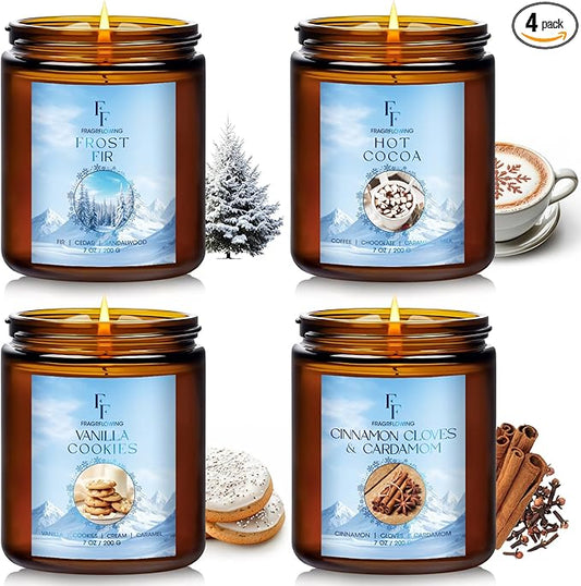 Winter Candles, Scented Candles for Home, 4 Pack Holiday Natural Soy Candles, Gifts for Women Men, Fragrance of Fir/Hot Cocoa/Vanilla Cookies/Cinnamon