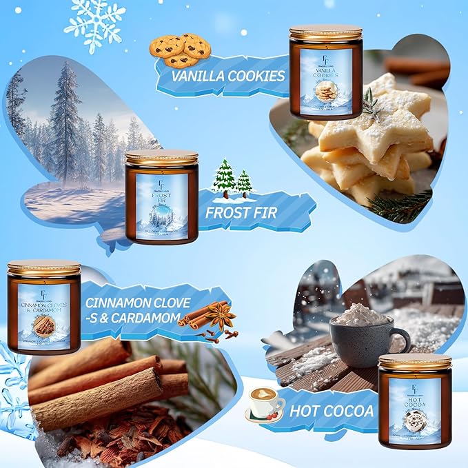 Winter Candles, Scented Candles for Home, 4 Pack Holiday Natural Soy Candles, Gifts for Women Men, Fragrance of Fir/Hot Cocoa/Vanilla Cookies/Cinnamon