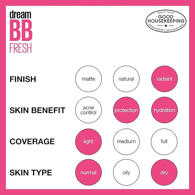 Maybelline Dream Fresh Skin Hydrating BB cream, 8-in-1 Skin Perfecting Beauty Balm with Broad Spectrum SPF 30, Sheer Tint Coverage, Oil-Free, Light, 1 Fl Oz