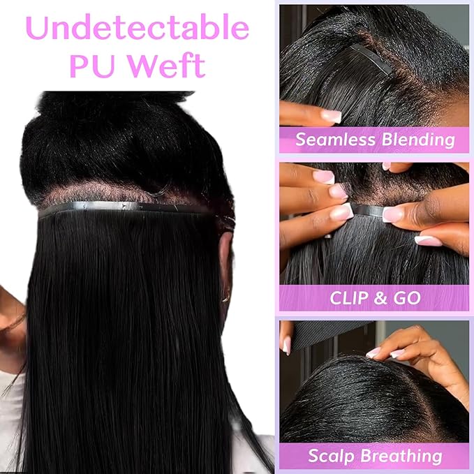 IDN BEAUTY Seamless Clip In Hair Extensions Human Hair Jet Black Real Remy Virgin Human Hair Seamless Clip Ins For Black Women PU Weft Invisible Edge Thick Soft Hair ST 110g 14 Inches