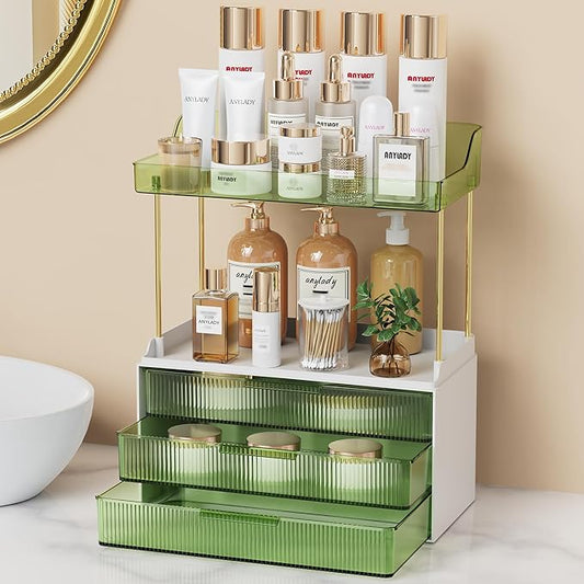 Bathroom Organizers and Storage, Makeup Organizer (Sturdy Durable Attractive), Ideal for Vanity, Countertop, Counter, Perfume, Skincare, Cabinet, Cosmetic, Dresser Organizer (Green)
