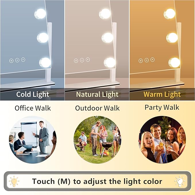 Vanity Mirror with Lights,Lighted Vanity Mirror with 9 Dimmable Bulbs for Dressing Room & Bedroom,3 Color Lighting,Modes Detachable 10x Magnification 360°Ratation(White)