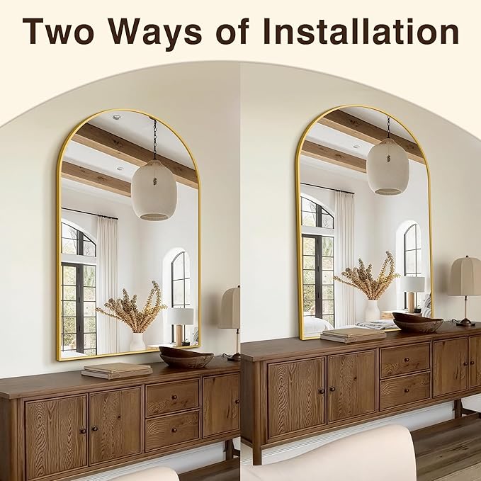 FICTOR Bathroom Vanity Mirror for Wall,50”x30” Large Arched Bathroom Mirror, Metal Framed with HD Shatter-Proof Glass for Entryway, Living Room,Bedroom, Wall Mounted or Leaned Against(Gold)