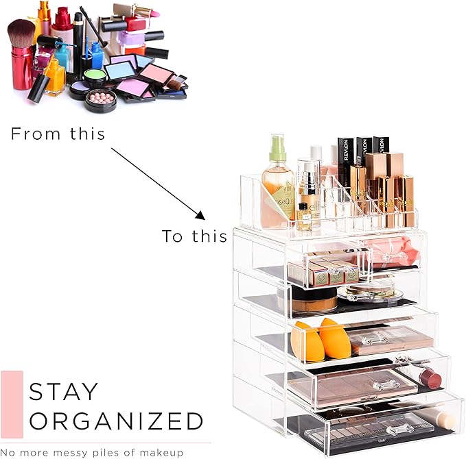 Sorbus Acrylic Makeup Organizer Set, 6-Drawer Vanity & Countertop Cosmetic Storage with Small & Wide Compartments, Clear Makeup Storage for Brushes, Lipsticks, Jewelry – Holiday Gift for Women & Teens