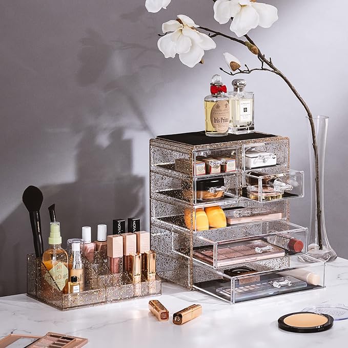 Sorbus Clear Cosmetic Makeup Organizer - Make Up & Jewelry Storage, Case & Display - Spacious Design - Great Holder for Dresser, Bathroom, Vanity & Countertop (3 Large, 4 Small Drawers) [Glitter]