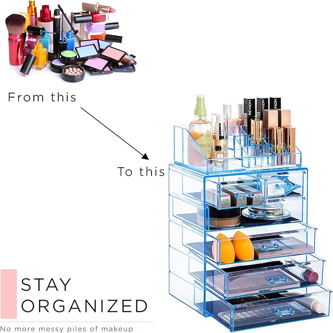 Sorbus Clear Cosmetic Makeup Organizer - Make Up & Jewelry Storage, Case & Display - Spacious Design - Great for Dresser, Bathroom, Vanity & Countertop (4 Large, 2 Small Drawers) [Blue Brilliance]