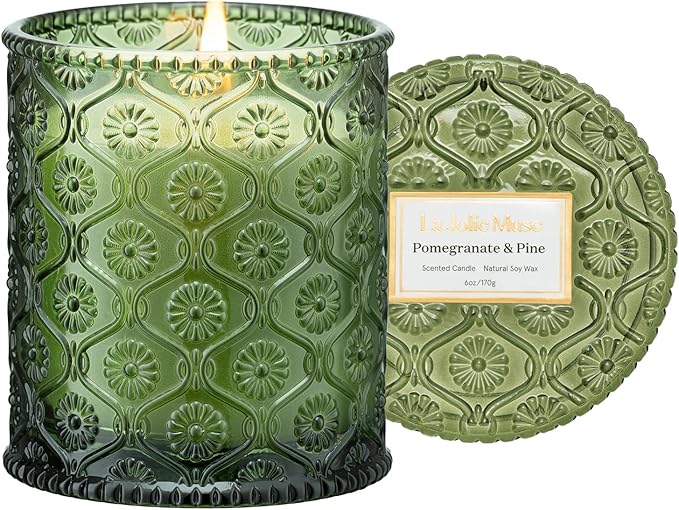 LA JOLIE MUSE Christmas Candles, Pine & Pomegranate Candle -Lemon, Pomegranate & Pine | 6 oz Natural Soy Wax | 40 Hours Clean Burn | Gift-Ready for Hosts, Gatherings | Elegant Home Décor