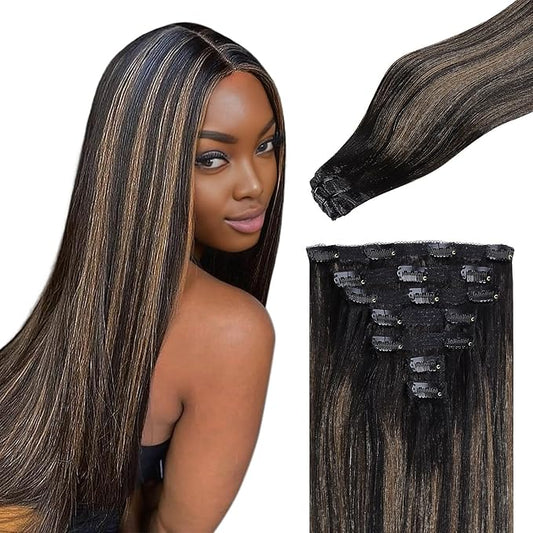 IDN BEAUTY Clip In Hair Extensions Real Human Hair, Yaki Straight 22 Inch 120g 7pcs, 1B/6/1B Balayage Natural Black to Chestnut Brown Remy Human Hair Extensions Clip Ins Real Human Hair Black Women