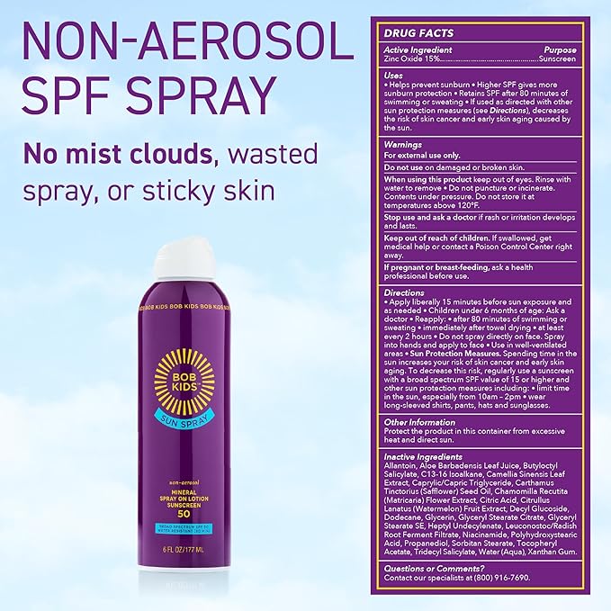 BOB KIDS SPF 50 Sun Spray, Mineral Sunscreen, Non Aerosol Continuous Spray, Water Resistant, Reef Friendly, 6 oz