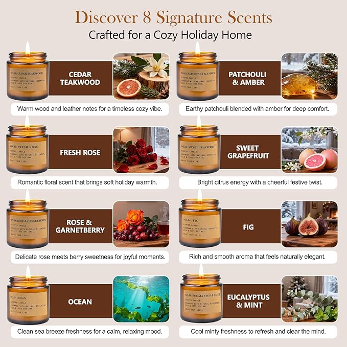 Candle Gift Set for Women – 8 Pack Scented Candles for Home,Long Lasting Soy Wax Amber Jar Candles, Aromatherapy Candle Set,Perfect Holiday & Christmas Gifts