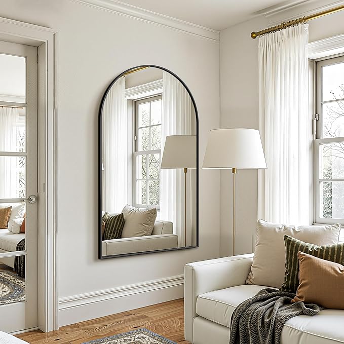 FICTOR Bathroom Vanity Mirror for Wall,55”x30” Large Arched Bathroom Mirror, Metal Framed with HD Shatter-Proof Glass for Entryway, Living Room,Bedroom, Wall Mounted or Leaned Against(Black)