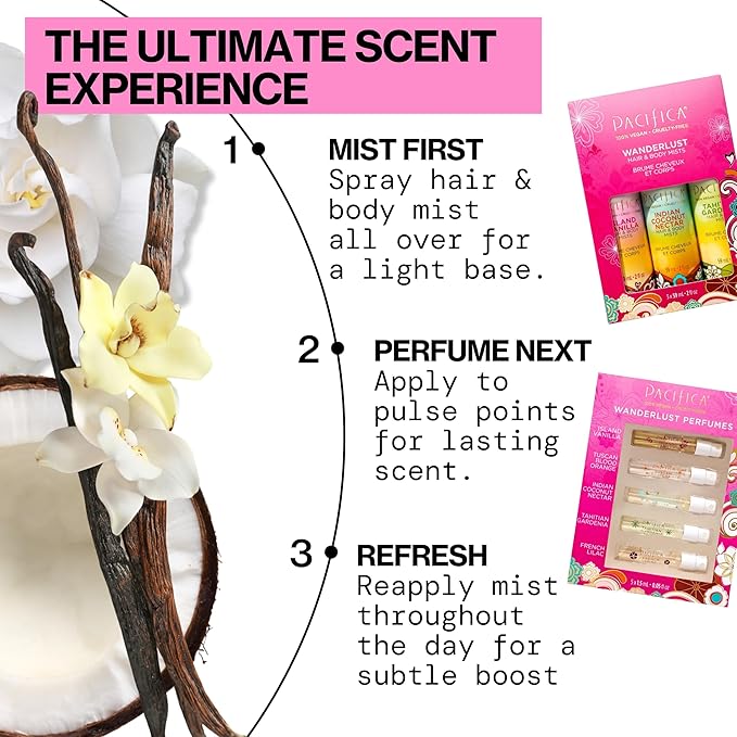 Pacifica Beauty Mini Fragrance Sampler, 3 Island Vanilla Scents - Hair Perfume & Body Spray Gift Set, Vegan & Cruelty Free