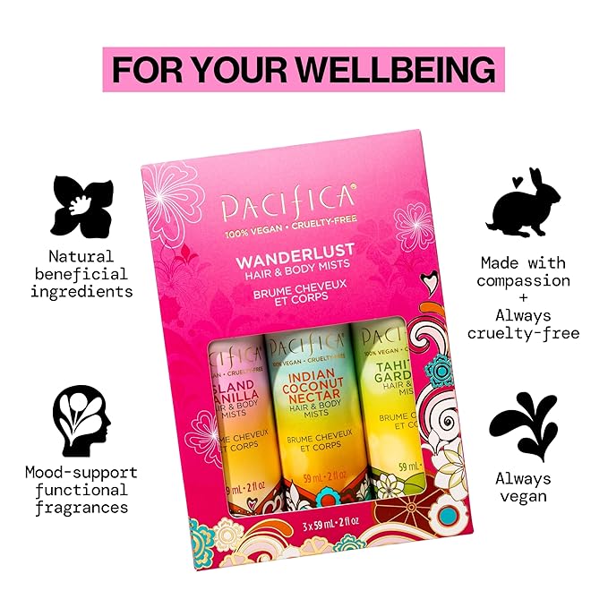 Pacifica Beauty Mini Fragrance Sampler, 3 Island Vanilla Scents - Hair Perfume & Body Spray Gift Set, Vegan & Cruelty Free